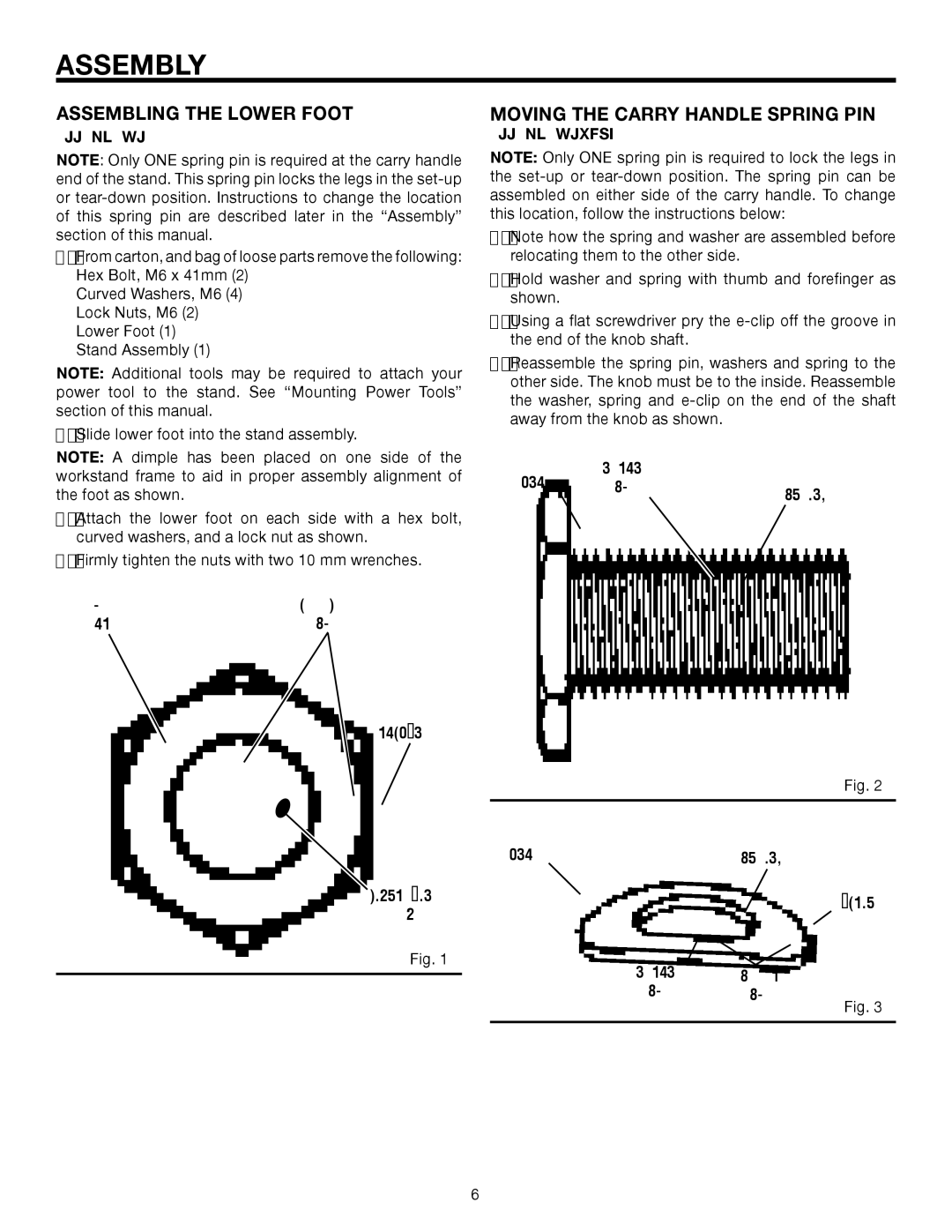 RIDGID TS2400, AC9930 manual Assembly, Assembling the Lower Foot, Moving the Carry Handle Spring PIN, See Figures 2 