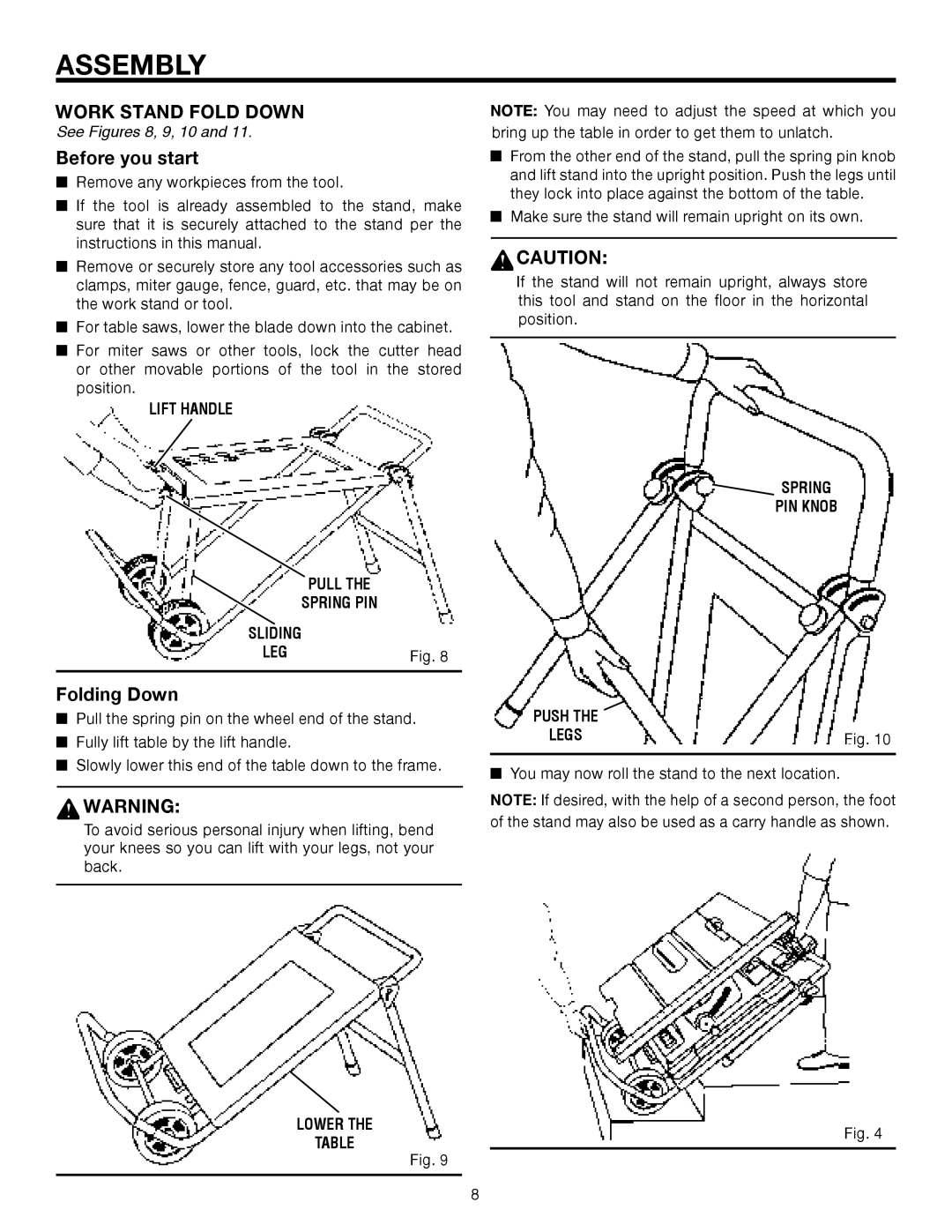 RIDGID TS2400, AC9930 manual Work Stand Fold Down, Folding Down, See Figures 8, 9, 10, Lower, Spring PIN Knob 