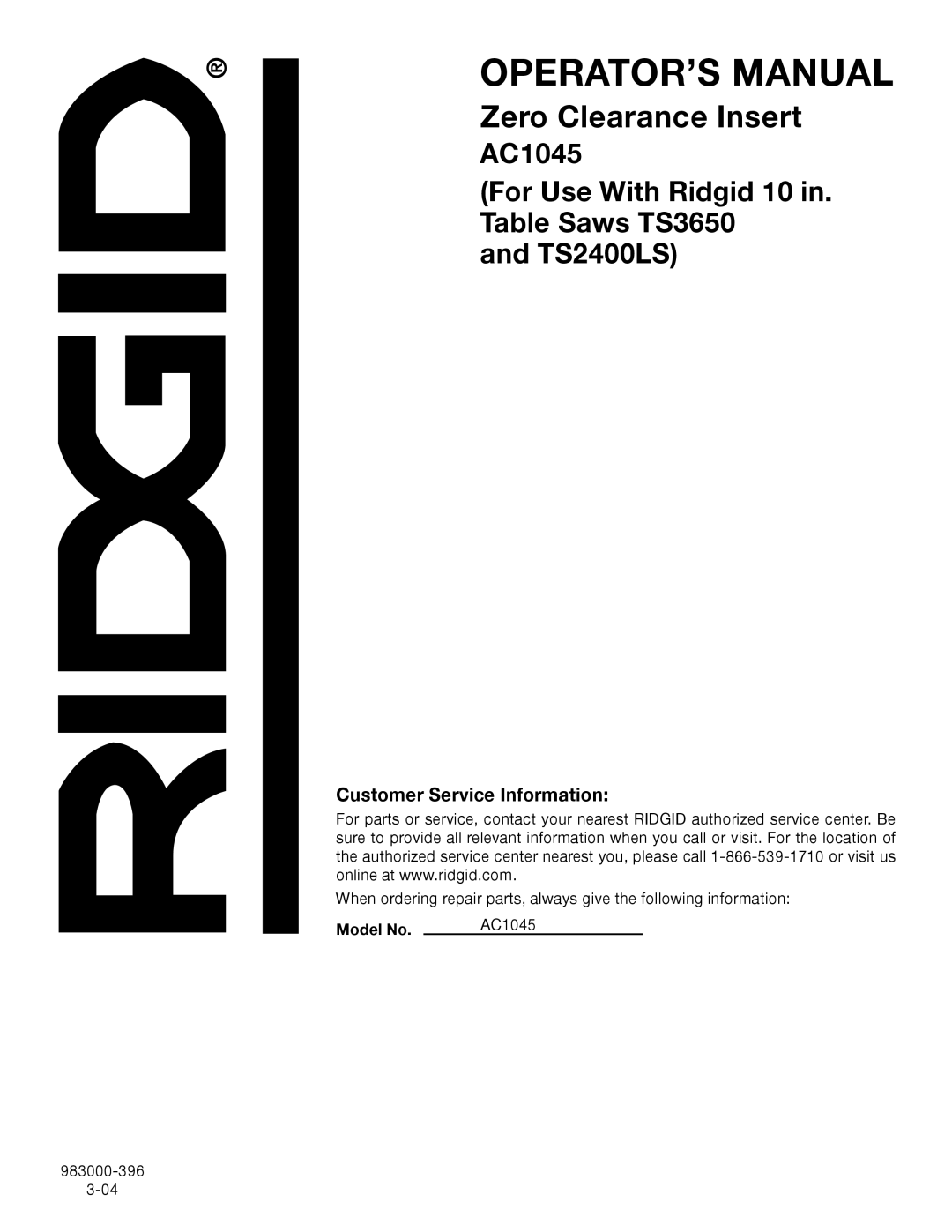 RIDGID TS2400LS manual Customer Service Information 