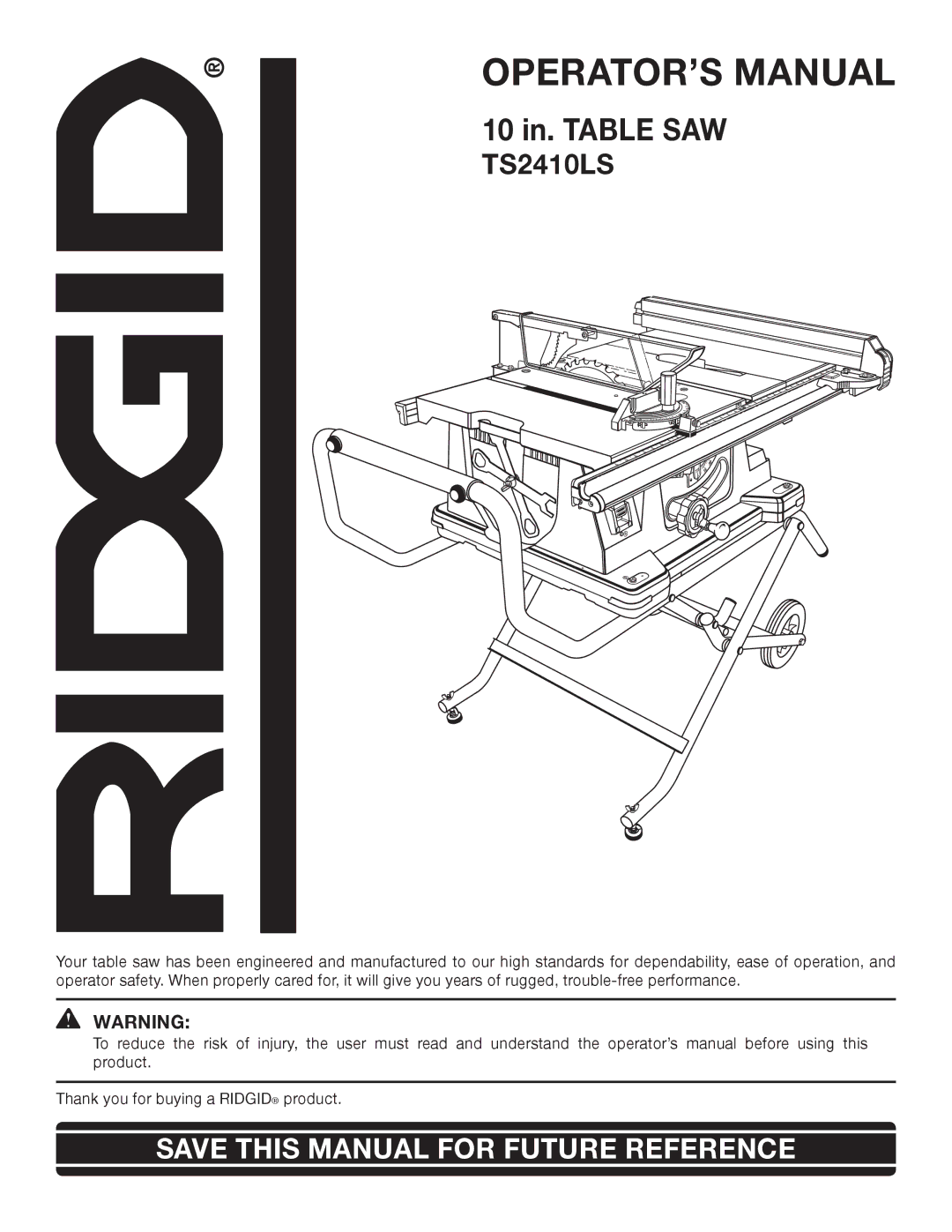 RIDGID TS2410LS manual OPERATOR’S Manual 