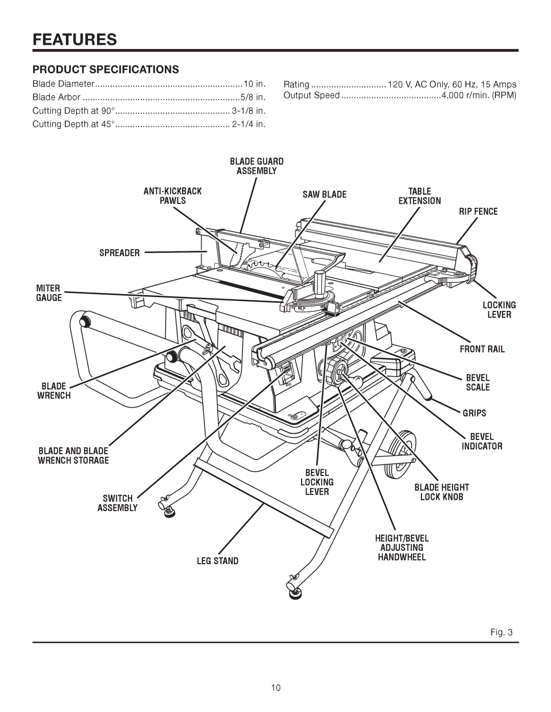 RIDGID TS2410LS manual Features, Product Specifications 