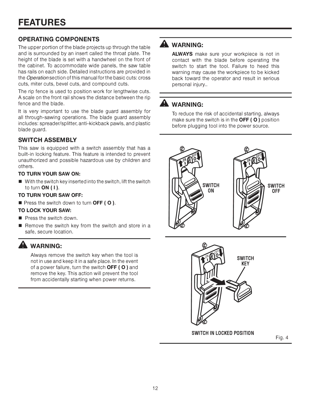 RIDGID TS2410LS manual Operating Components, Switch Assembly 