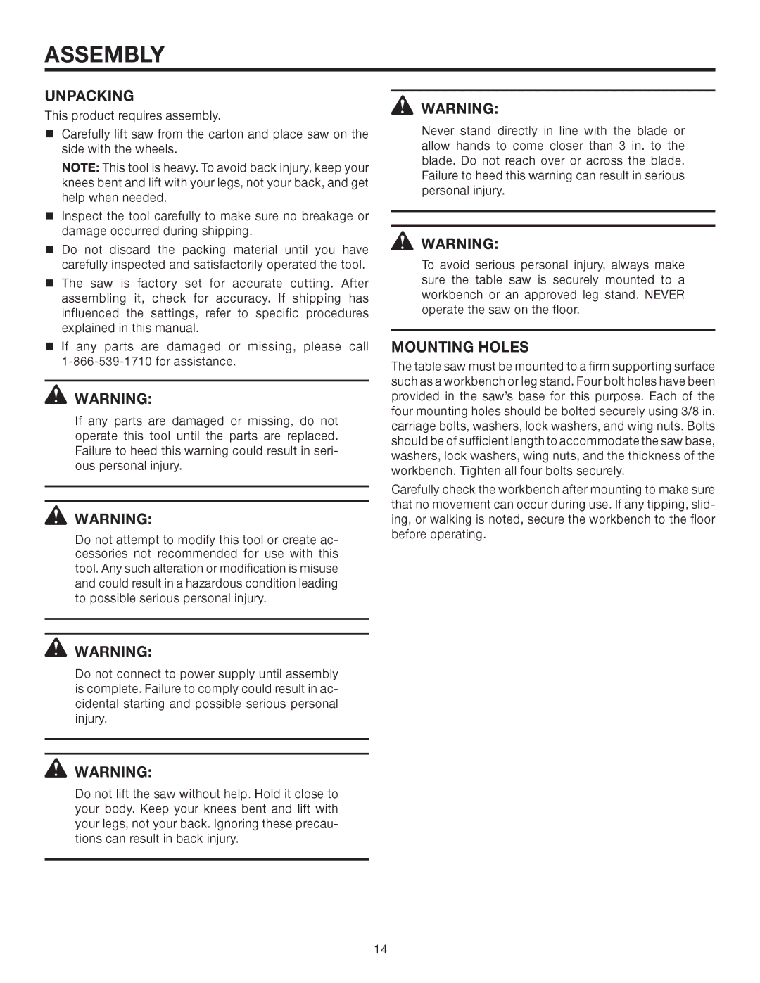 RIDGID TS2410LS manual Assembly, Unpacking, Mounting Holes 