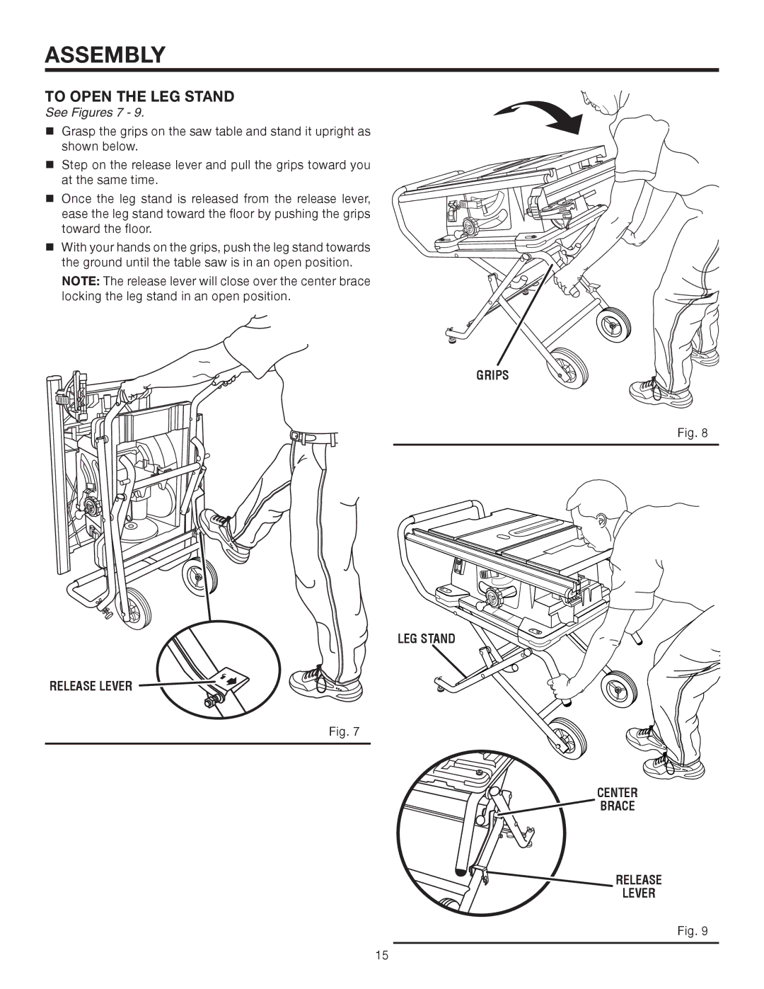 RIDGID TS2410LS manual To Open the LEG Stand, See Figures 7, Release Lever Grips LEG Stand Center Brace 