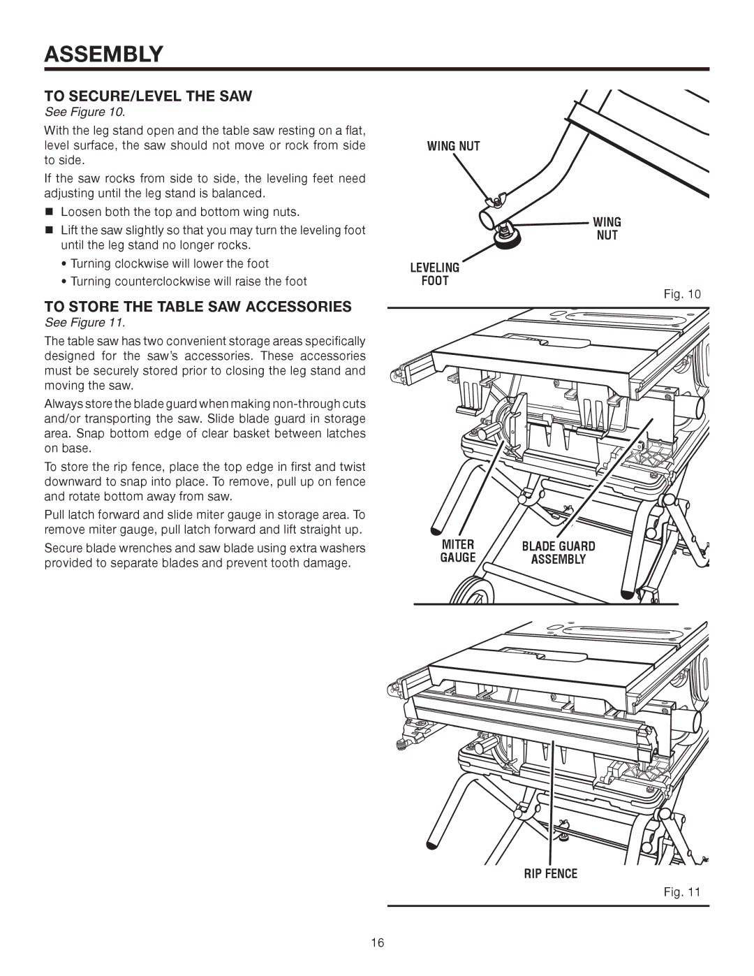 RIDGID TS2410LS manual To SECURE/LEVEL the SAW, To Store the Table SAW Accessories, Wing NUT, NUT Leveling Foot Miter 