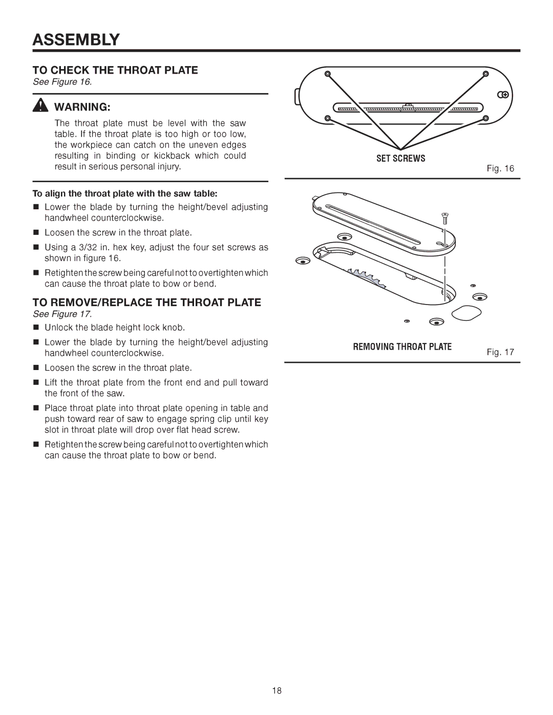 RIDGID TS2410LS manual To Check the Throat Plate, To REMOVE/REPLACE the Throat Plate, SET Screws Removing Throat Plate 