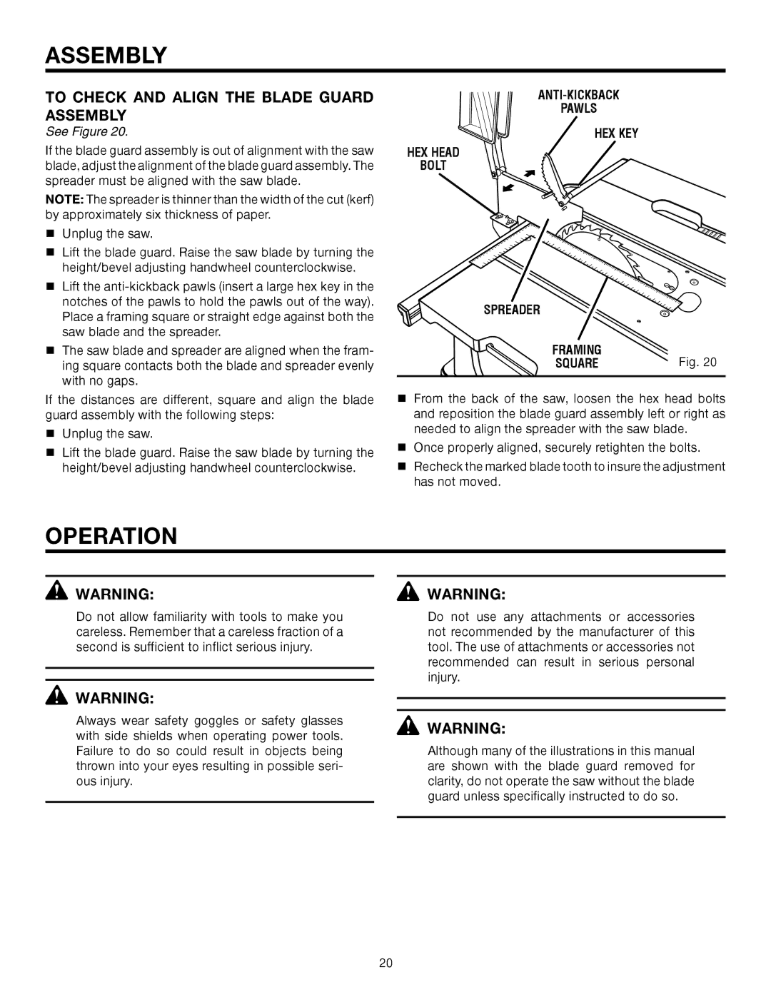 RIDGID TS2410LS Operation, To Check and Align the Blade Guard Assembly, ANTI-KICKBACK Pawls HEX KEY HEX Head Bolt Spreader 