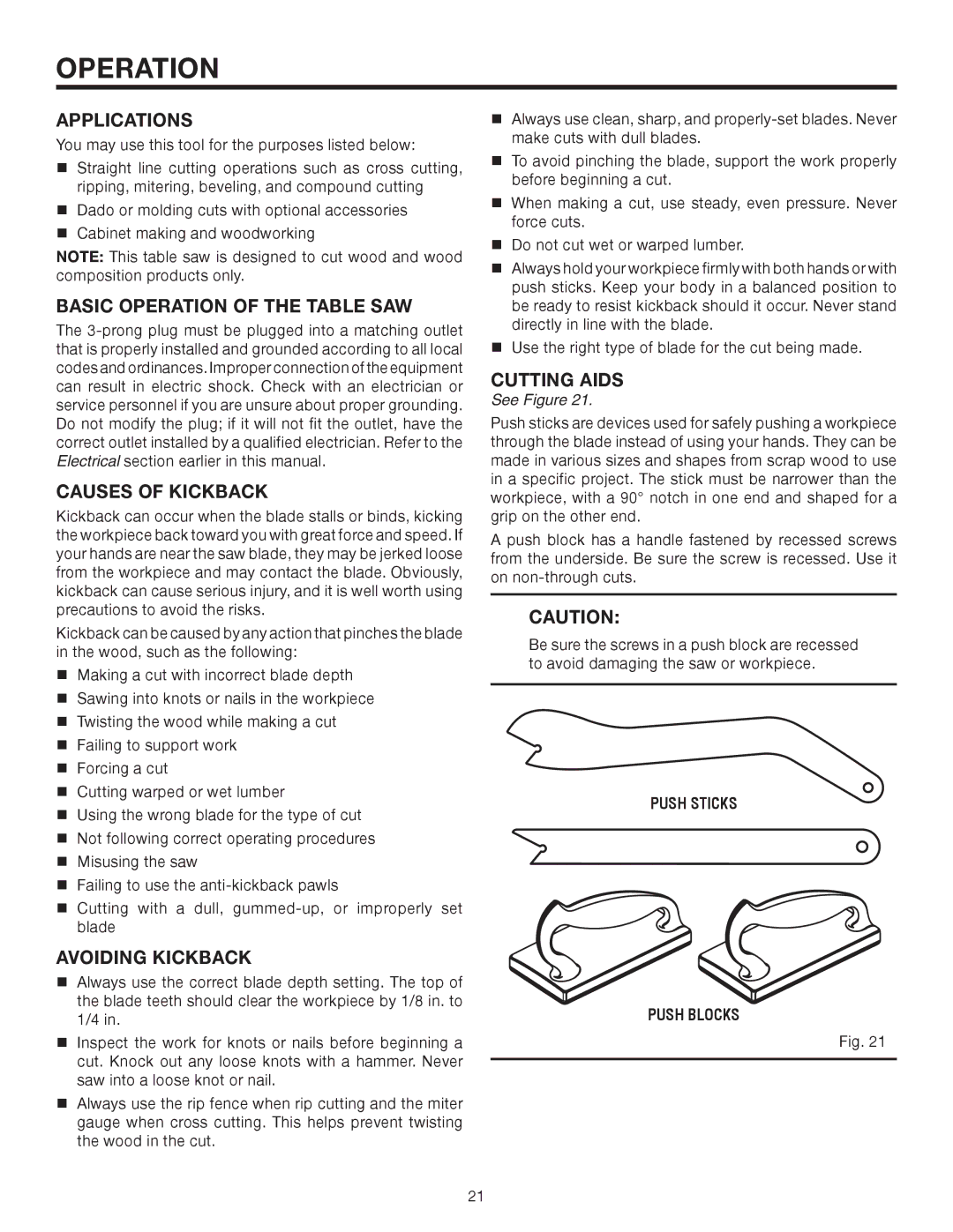 RIDGID TS2410LS manual Applications, Basic Operation of the Table SAW, Causes of Kickback, Avoiding Kickback, Cutting Aids 