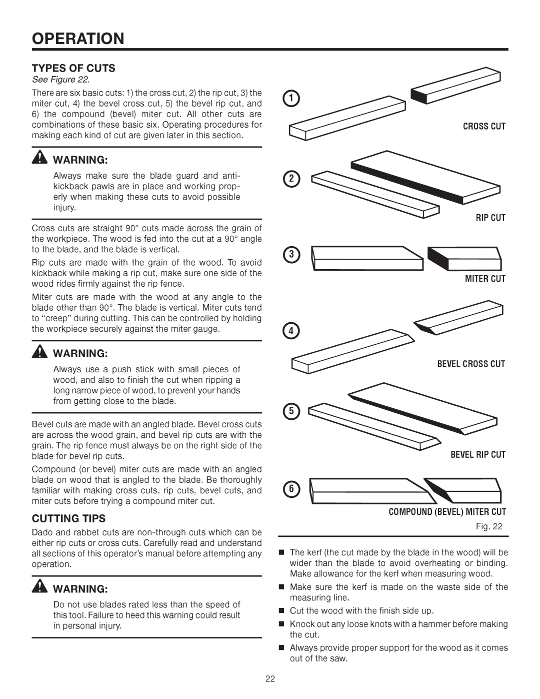 RIDGID TS2410LS manual Types of Cuts, Cutting Tips, Cross CUT 