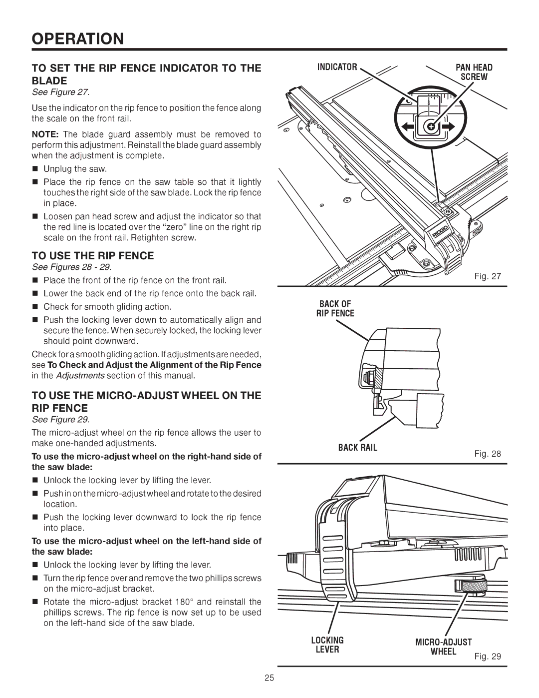 RIDGID TS2410LS manual To SET the RIP Fence Indicator to the Blade, To USE the RIP Fence, Back RIP Fence, Back Rail 