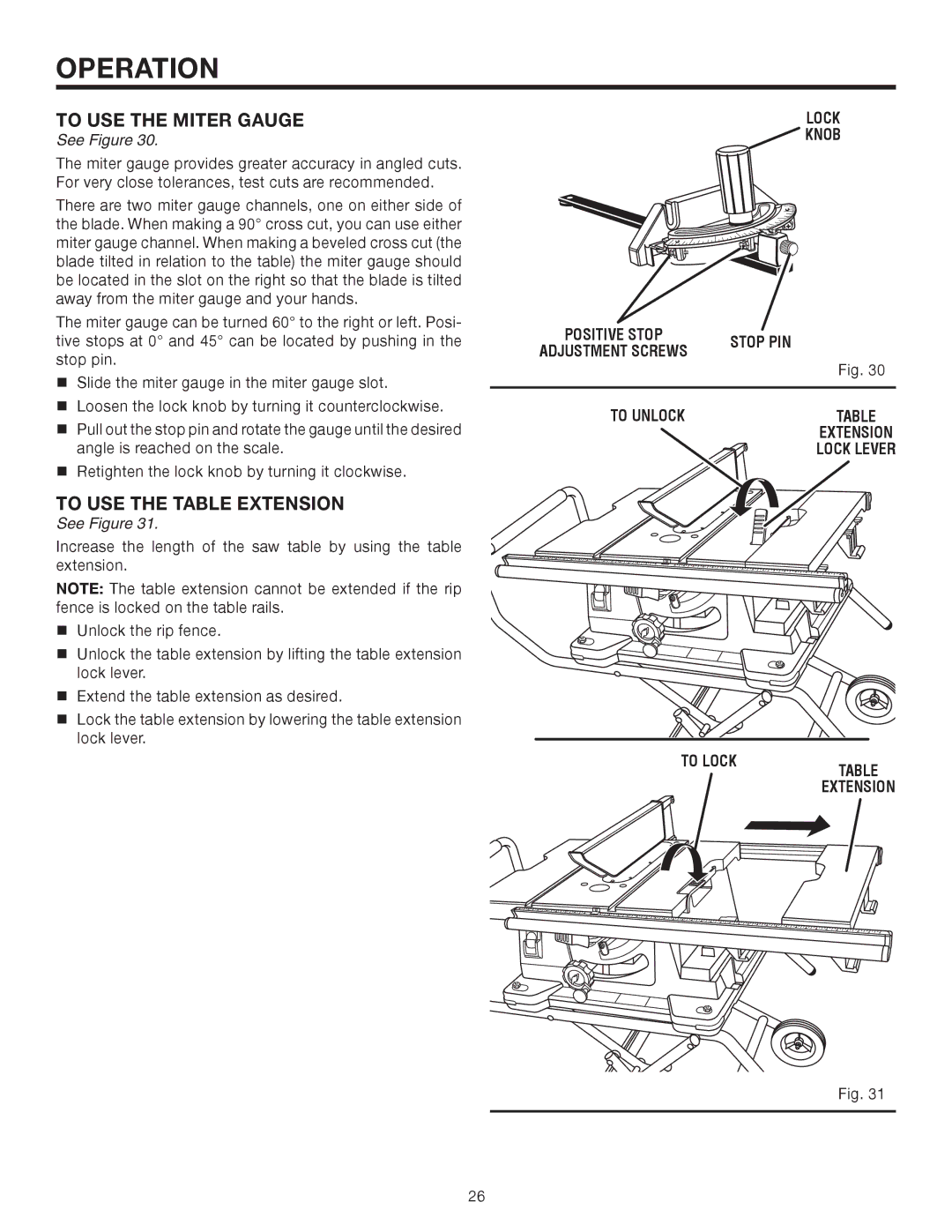 RIDGID TS2410LS manual To USE the Miter Gauge, To USE the Table Extension, Stop PIN, To Unlock, To Lock 