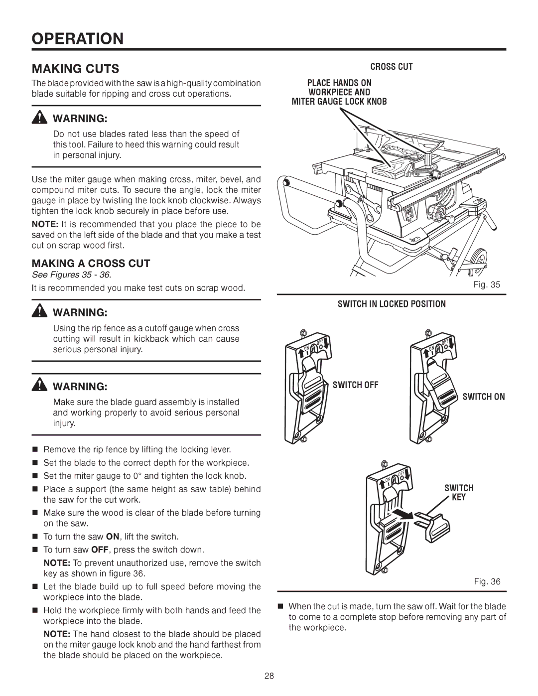 RIDGID TS2410LS manual Making a Cross CUT, See Figures 35, Cross CUT Place Hands on Workpiece Miter Gauge Lock Knob, Key 