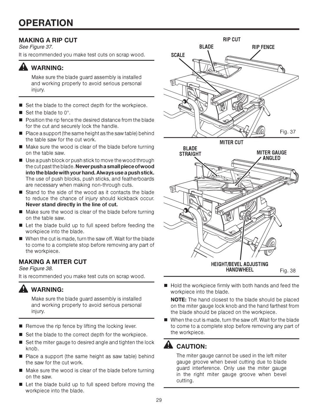 RIDGID TS2410LS manual Making a RIP CUT, Making a Miter CUT, Rip Cut, Scale Miter CUT Blade Straightmiter Gauge Angled 