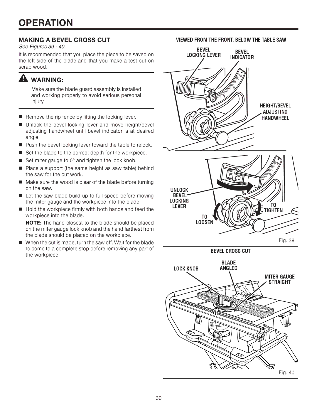 RIDGID TS2410LS Making a Bevel Cross CUT, See Figures 39, Viewed from the FRONT, below the Table SAW, Miter Gauge Straight 