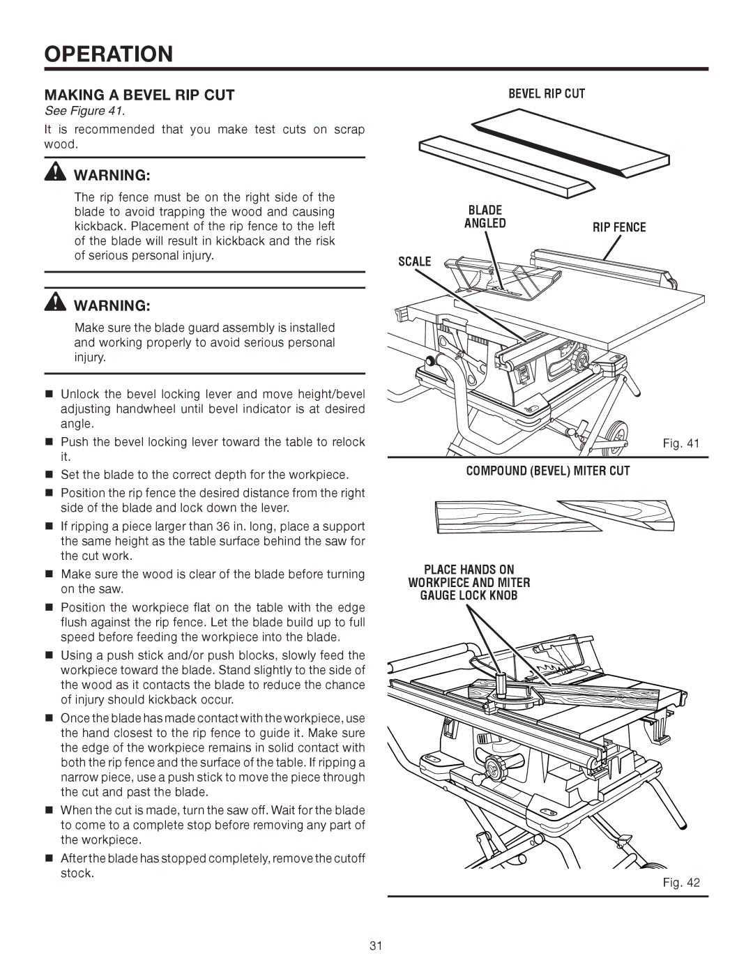 RIDGID TS2410LS manual Making a Bevel RIP CUT 