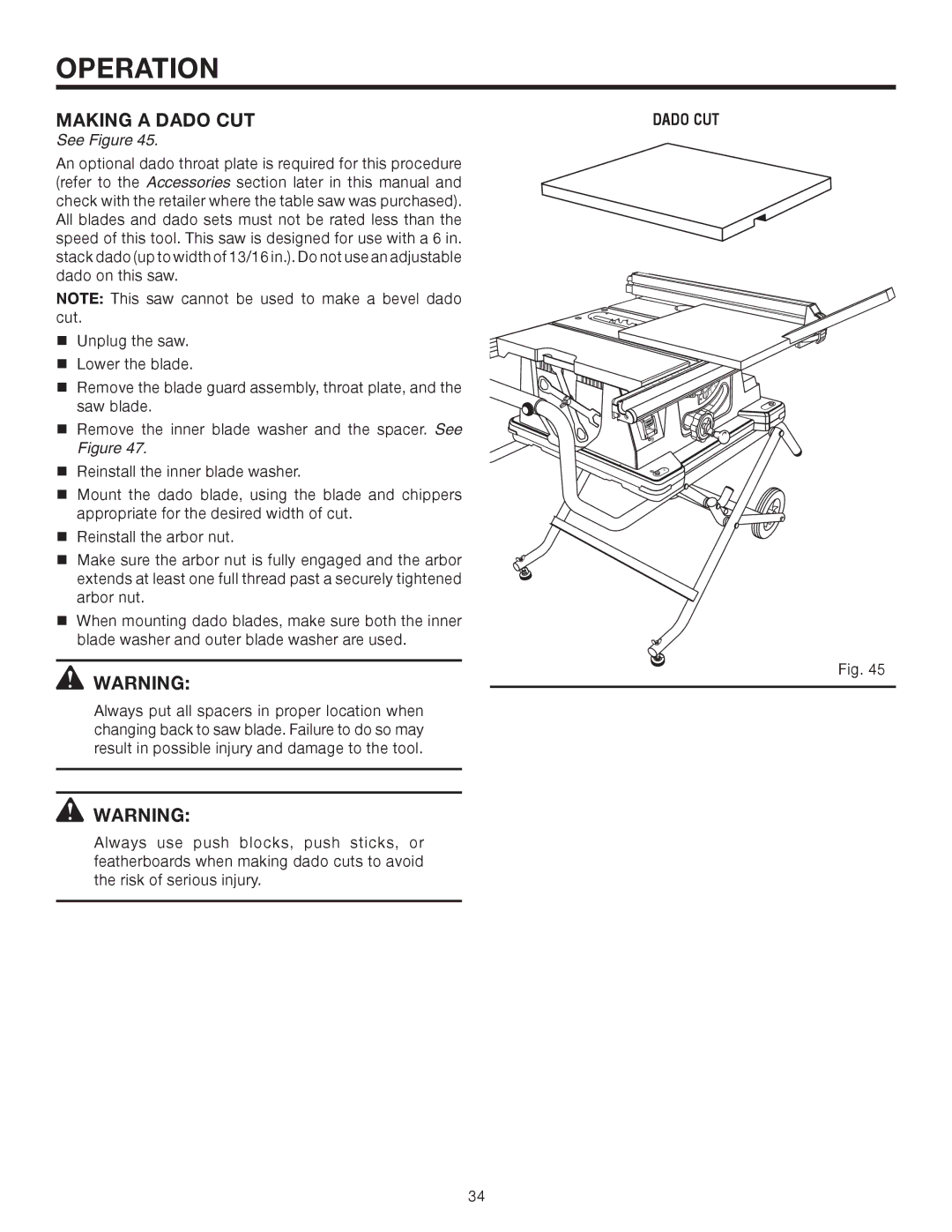 RIDGID TS2410LS manual Making a Dado CUT 