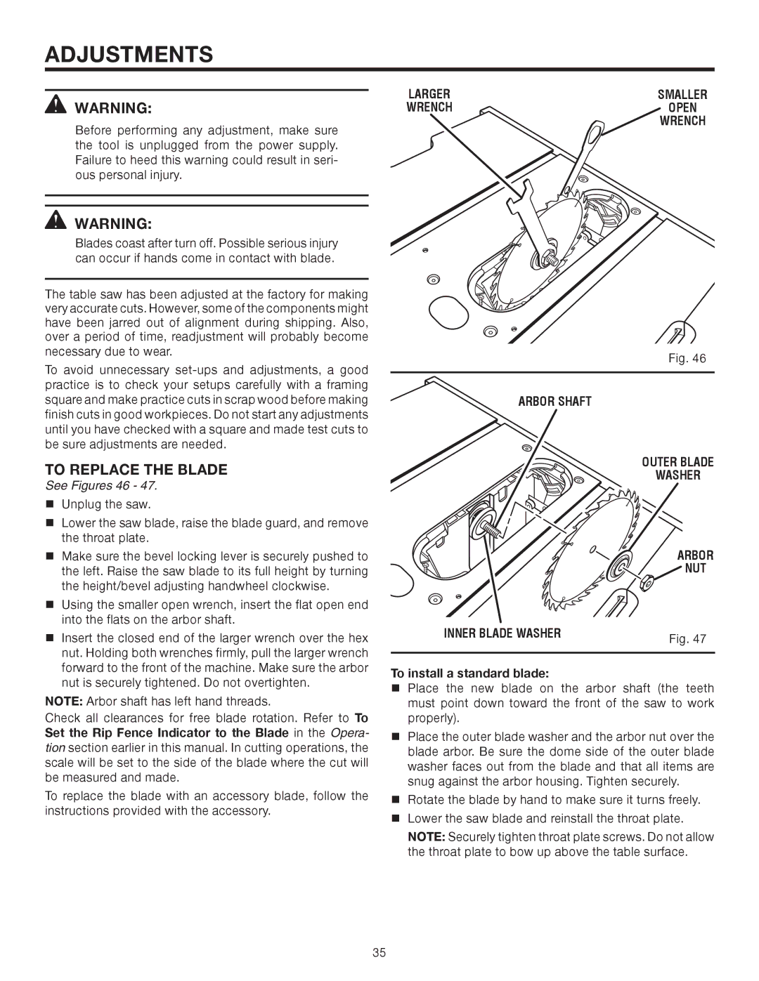 RIDGID TS2410LS Adjustments, To Replace the Blade, See Figures 46, Arbor Shaft Outer Blade Washer NUT Inner Blade Washer 