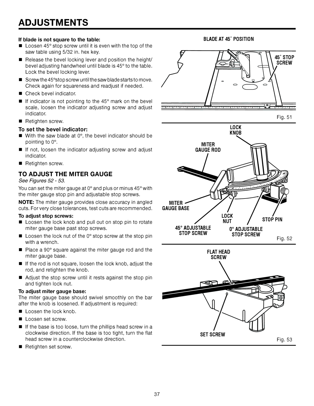 RIDGID TS2410LS manual To Adjust the Miter Gauge, Blade AT 45˚ Position, Screw Lock Knob Miter Gauge ROD 