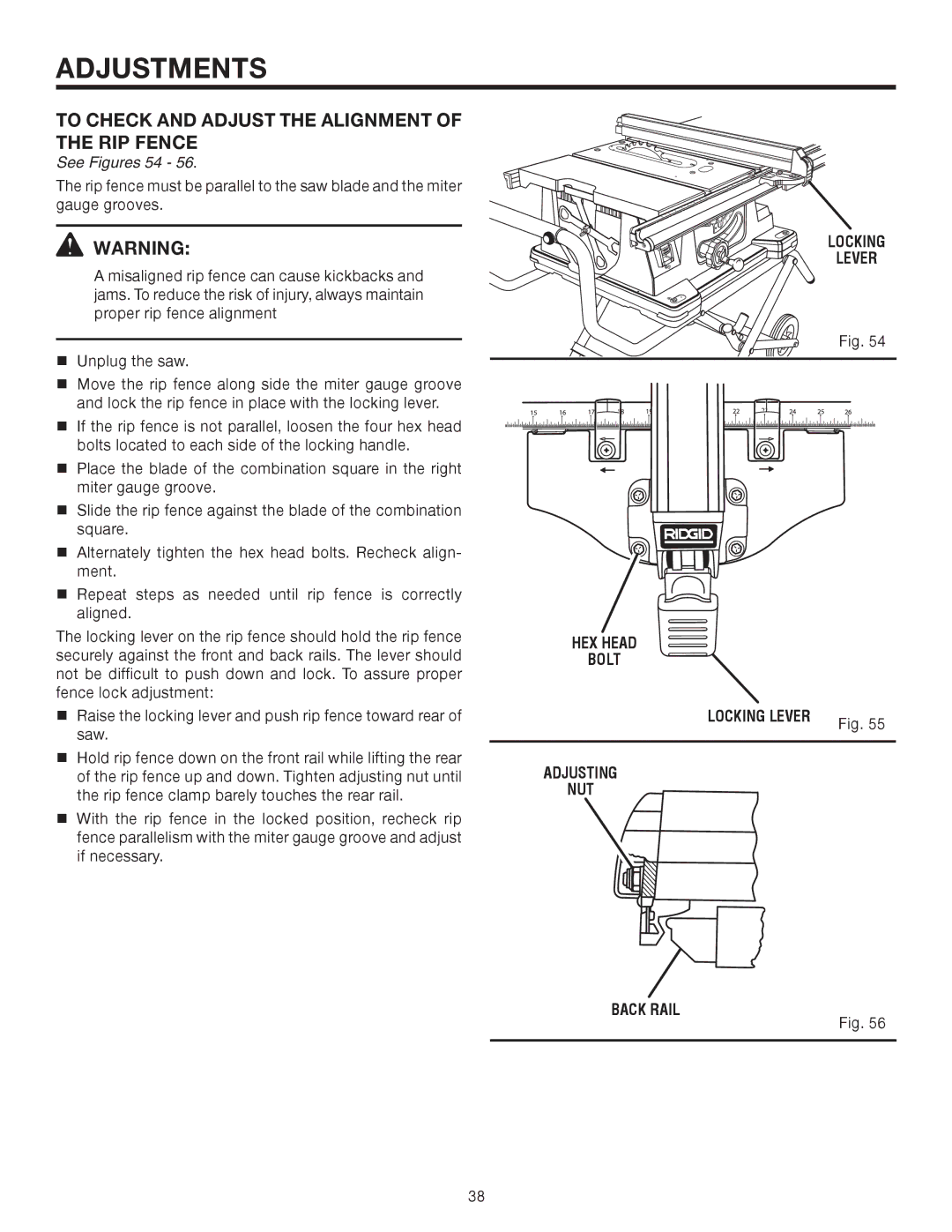 RIDGID TS2410LS manual To Check and Adjust the Alignment RIP Fence, See Figures 54, Locking Lever 