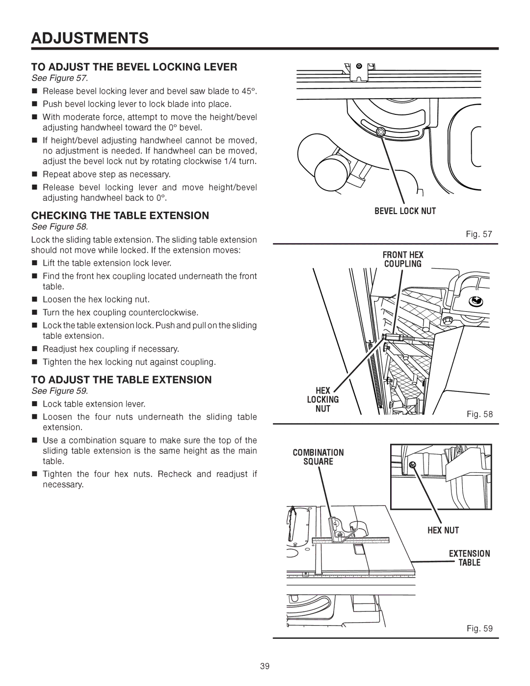 RIDGID TS2410LS manual To Adjust the Bevel Locking Lever, Checking the Table Extension, To Adjust the Table Extension 