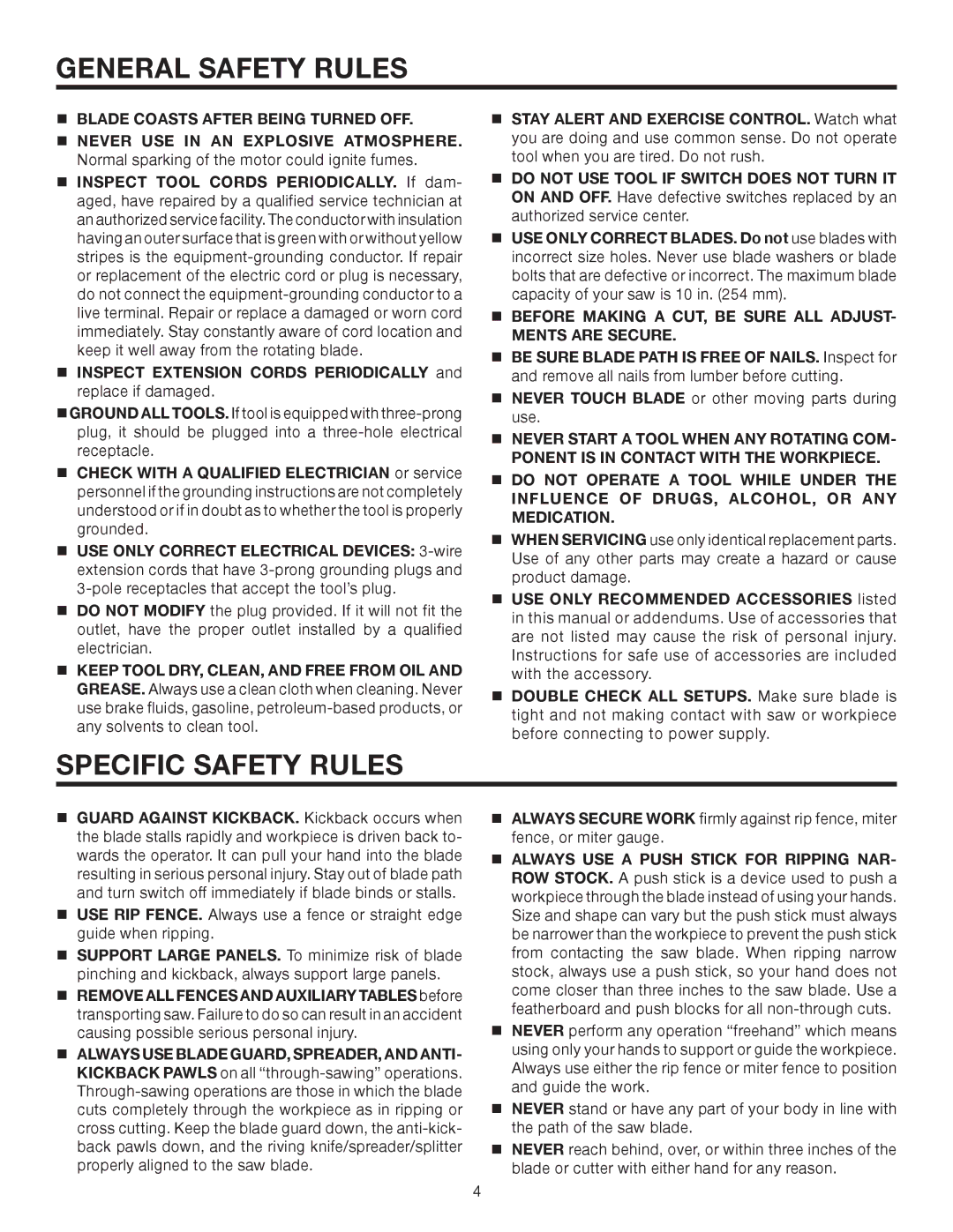 RIDGID TS2410LS manual Specific Safety Rules,  Blade Coasts After Being Turned OFF 