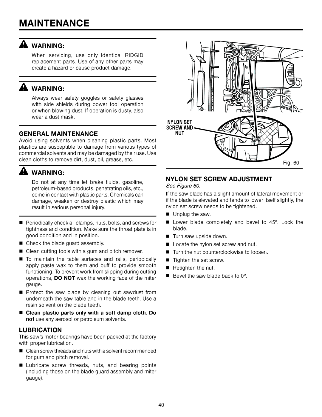 RIDGID TS2410LS manual General Maintenance, Lubrication, Nylon SET Screw Adjustment, Nylon SET Screw NUT 