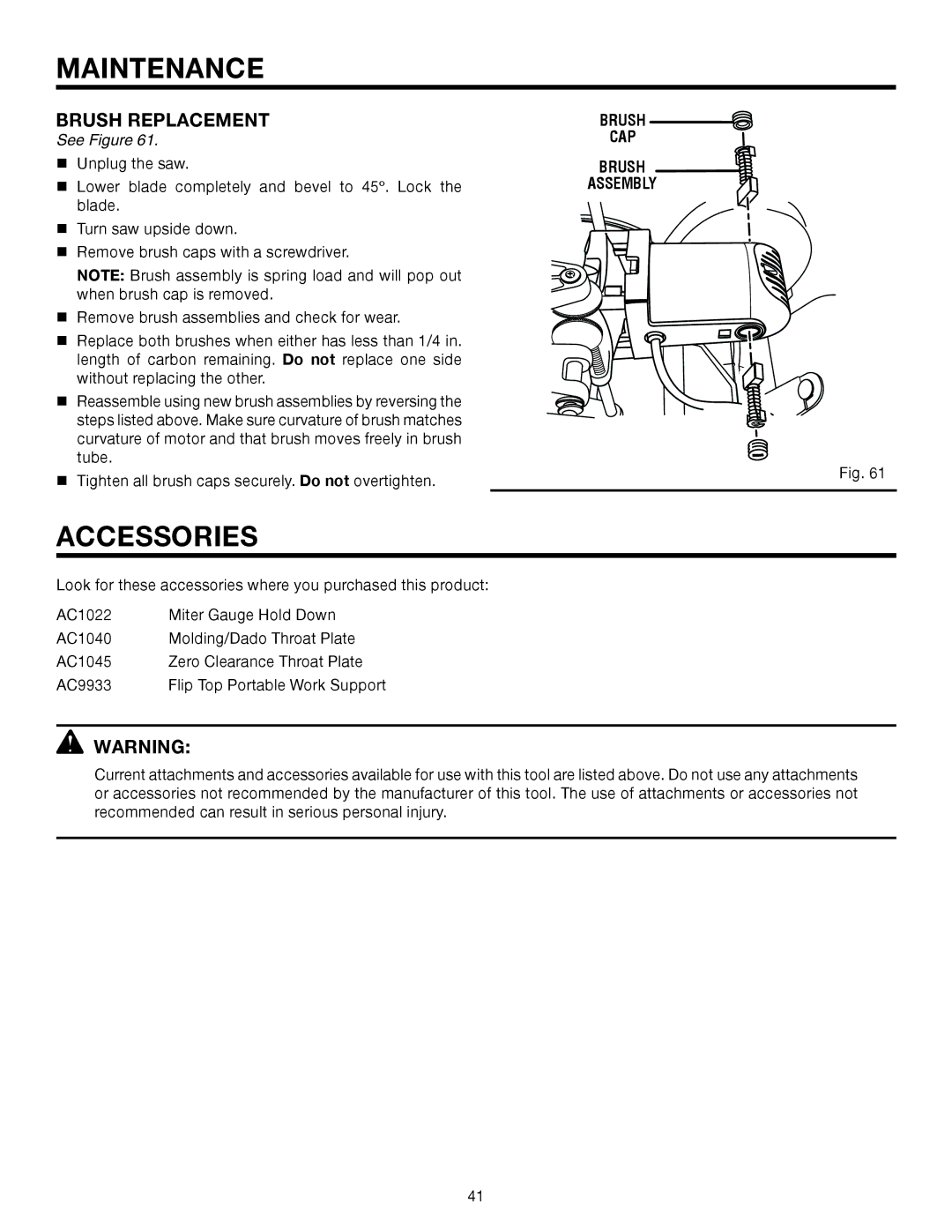 RIDGID TS2410LS manual Accessories, Brush Replacement, Brush CAP Assembly 