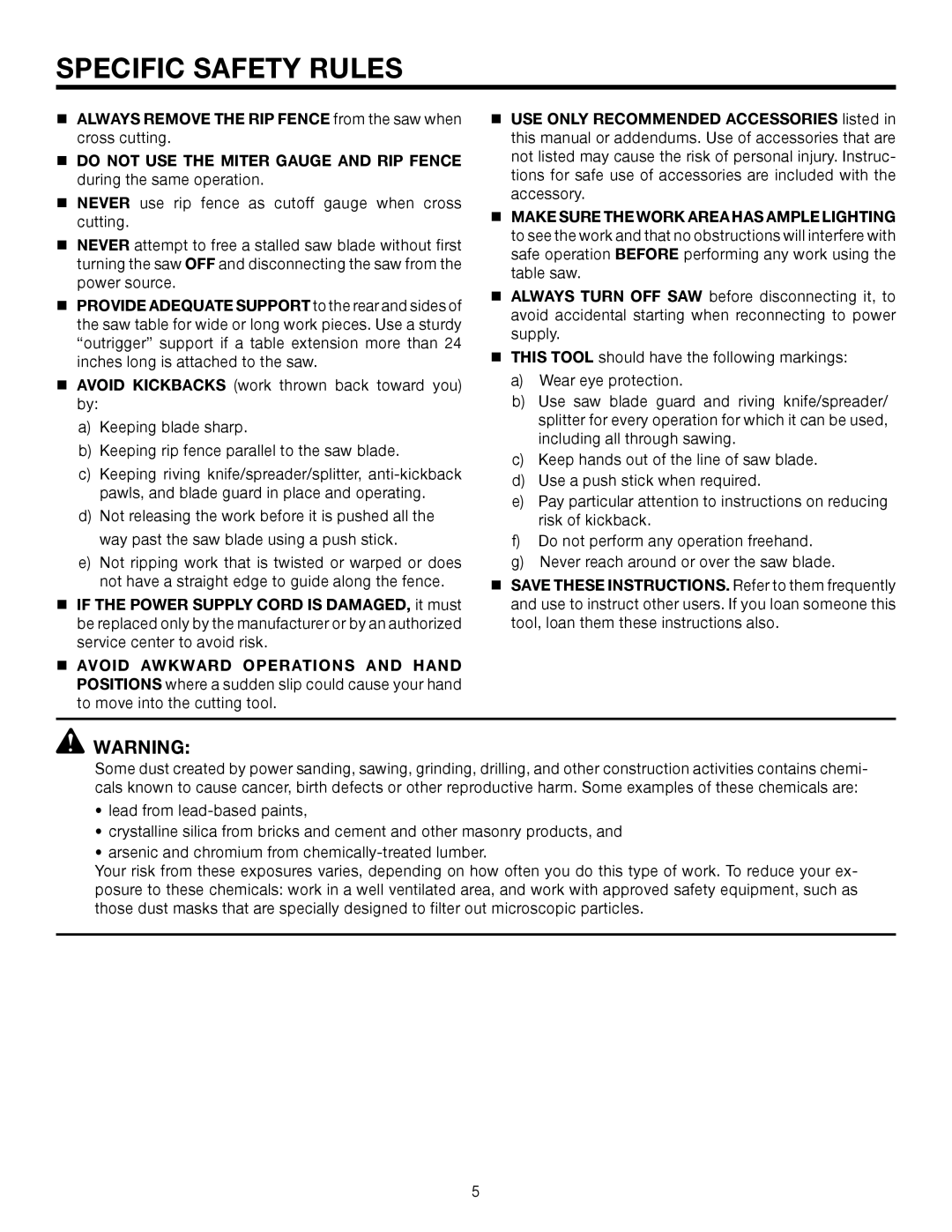 RIDGID TS2410LS manual Specific Safety Rules 