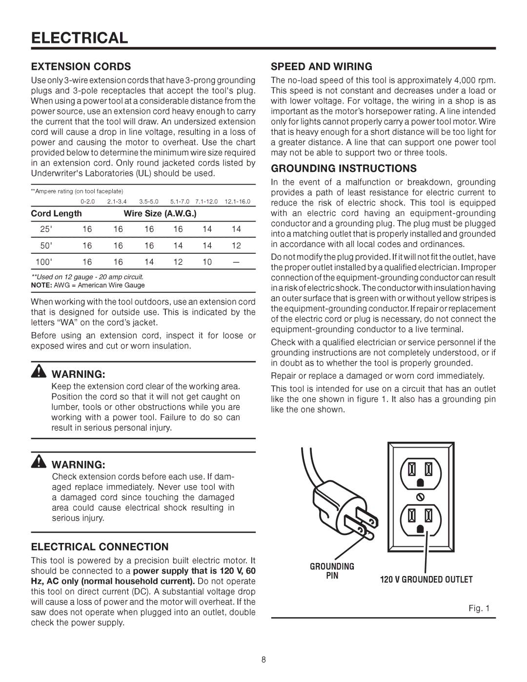 RIDGID TS2410LS manual Extension Cords, Speed and Wiring, Grounding Instructions, Electrical Connection 