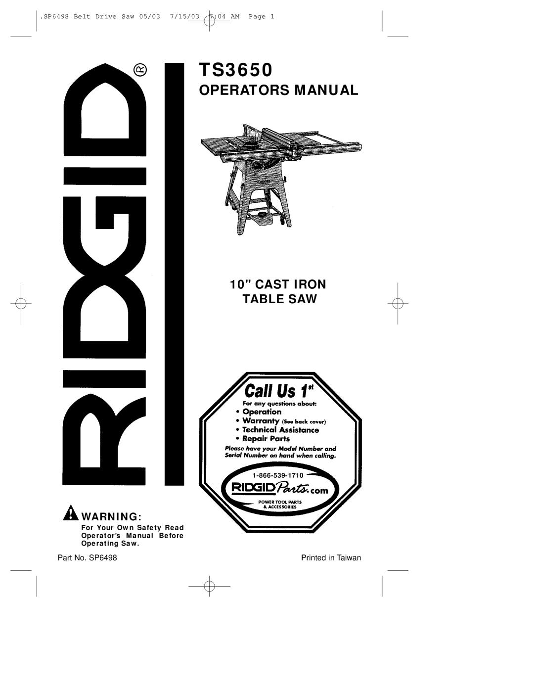 RIDGID TS3650 manual 