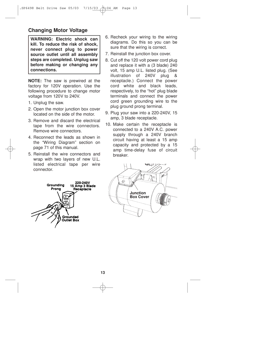 RIDGID TS3650 manual Changing Motor Voltage 