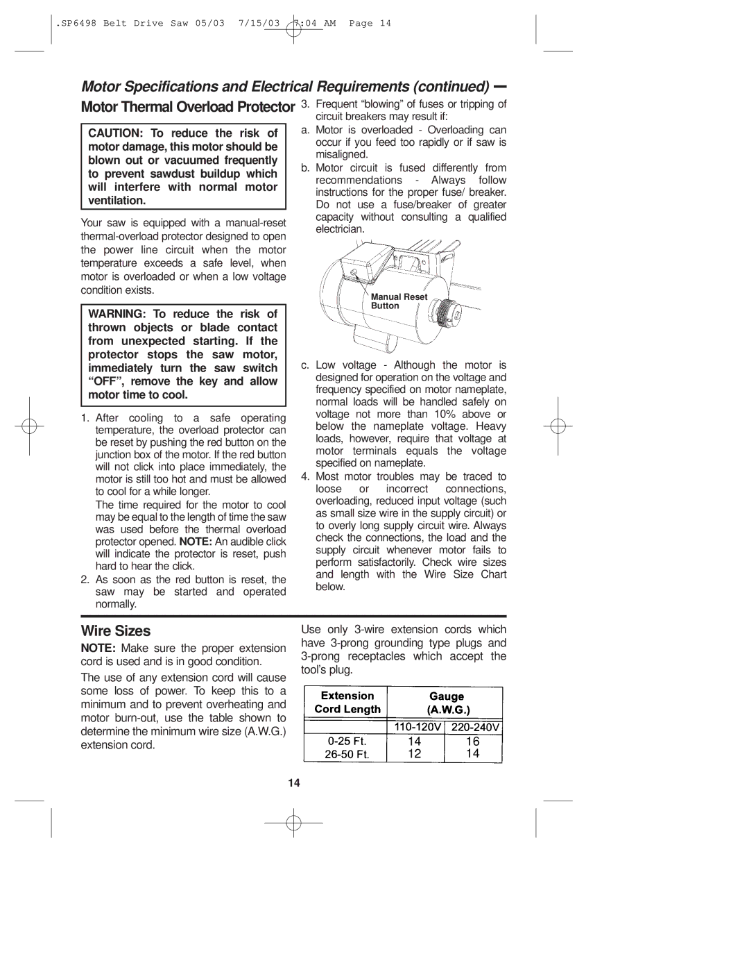 RIDGID TS3650 manual Wire Sizes, Motor Thermal Overload Protector 