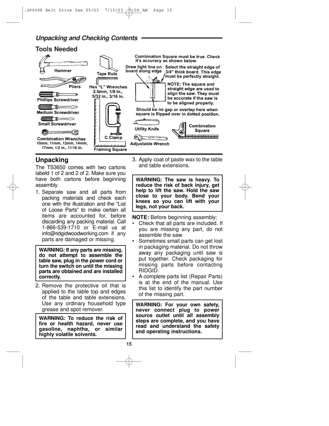 RIDGID TS3650 manual Unpacking and Checking Contents 