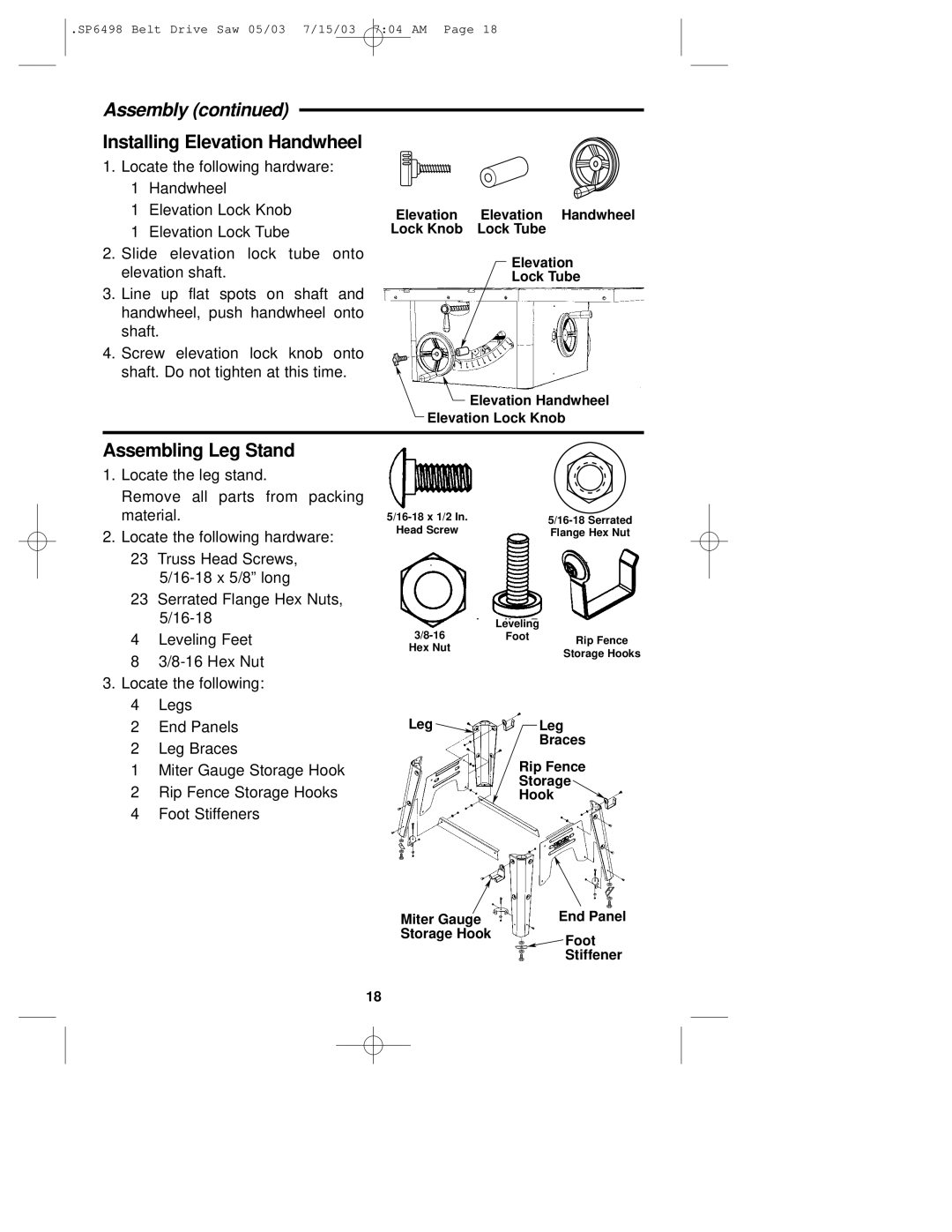 RIDGID TS3650 manual Installing Elevation Handwheel, Assembling Leg Stand 