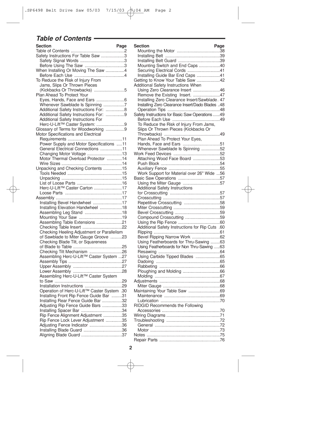 RIDGID TS3650 manual Table of Contents 