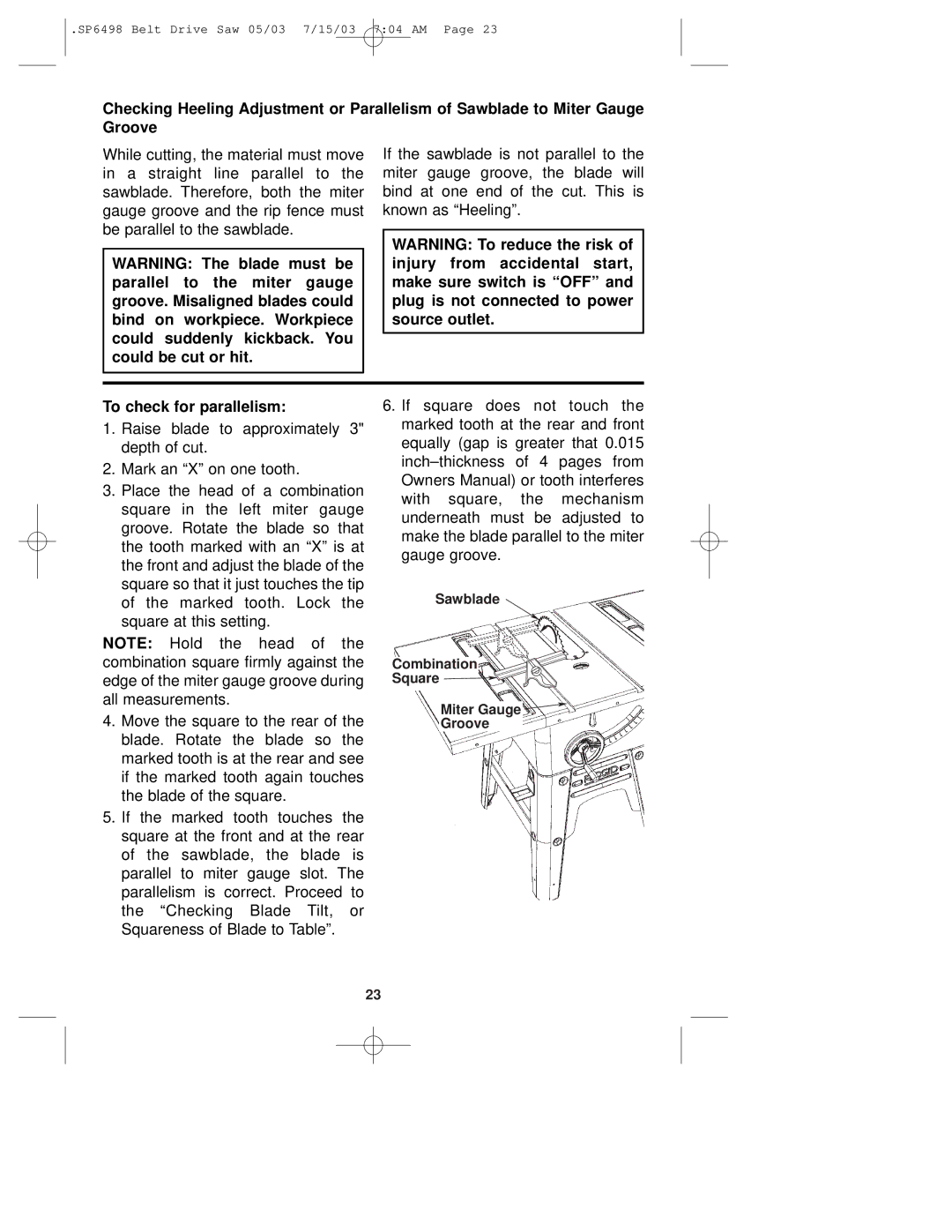 RIDGID TS3650 manual To check for parallelism 