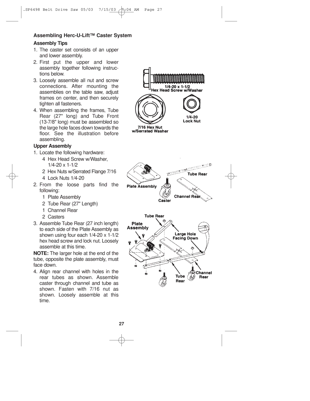 RIDGID TS3650 manual Assembling Herc-U-Lift Caster System Assembly Tips, Upper Assembly 