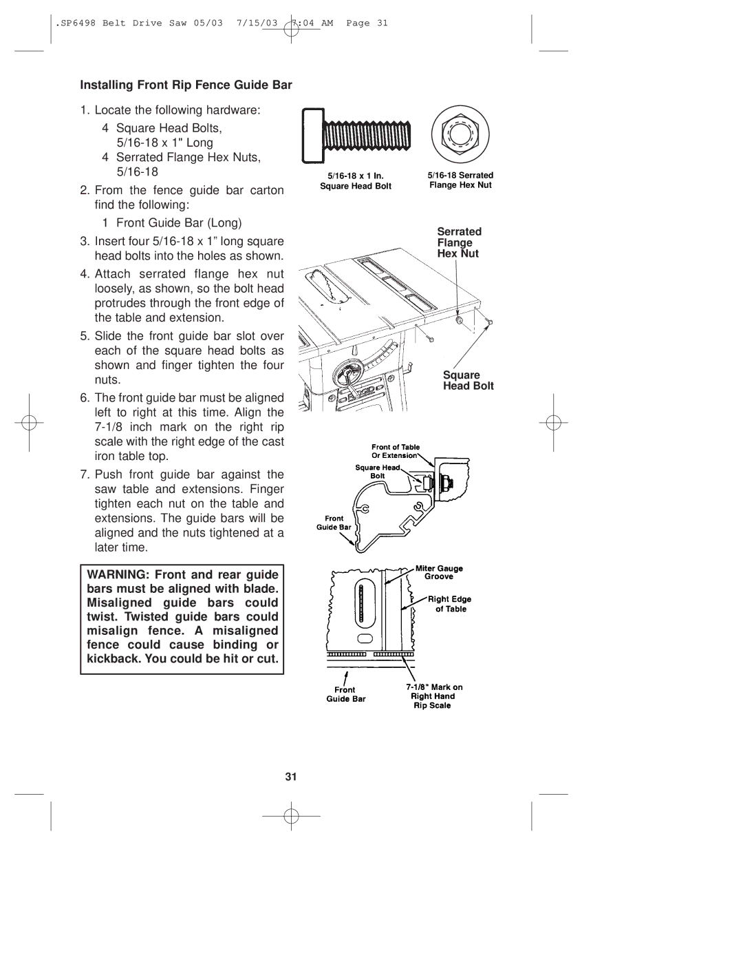 RIDGID TS3650 manual Installing Front Rip Fence Guide Bar 