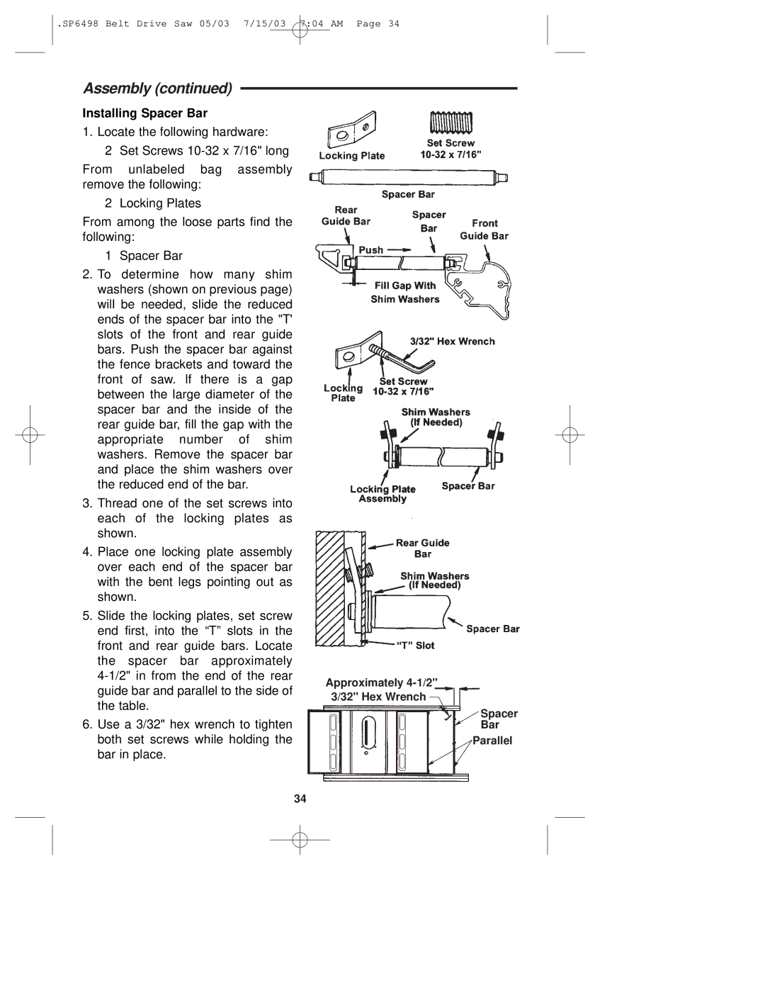 RIDGID TS3650 manual Installing Spacer Bar 