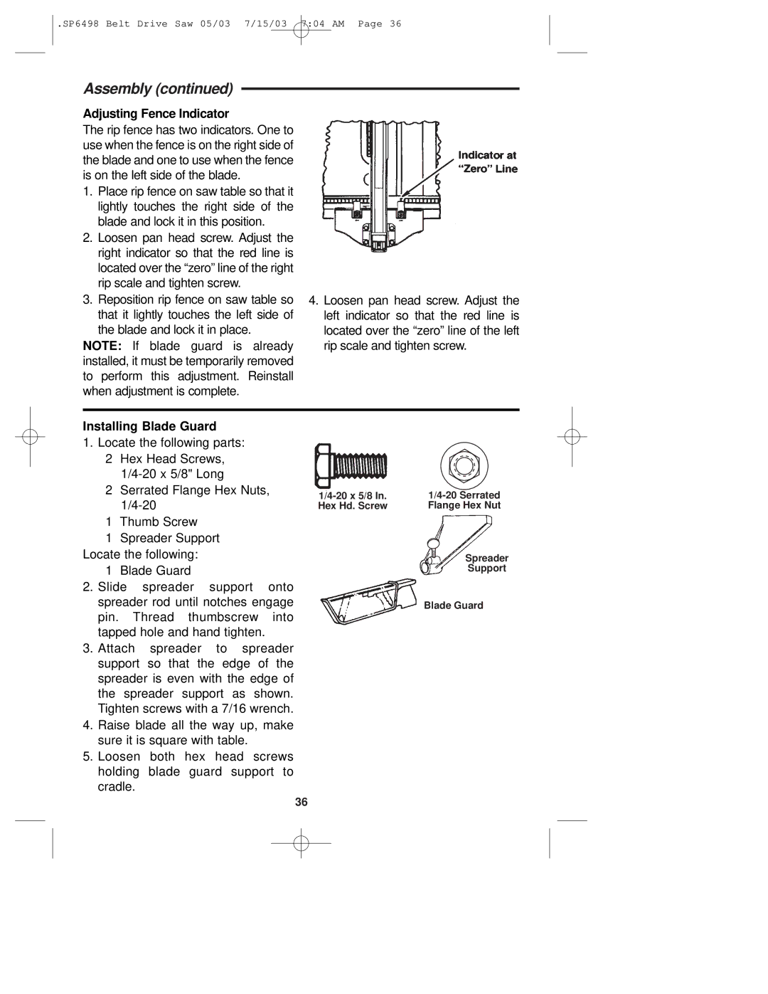 RIDGID TS3650 manual Adjusting Fence Indicator, Installing Blade Guard 