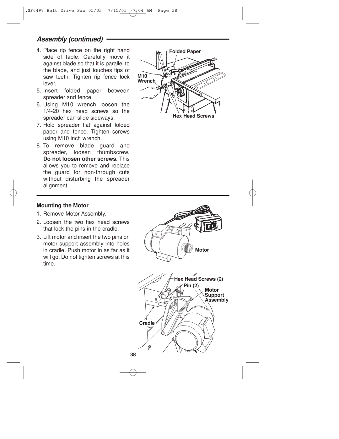 RIDGID TS3650 manual Mounting the Motor 