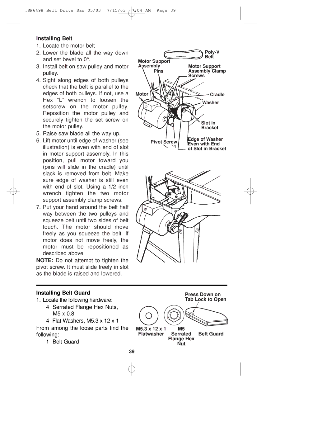 RIDGID TS3650 manual Installing Belt Guard 