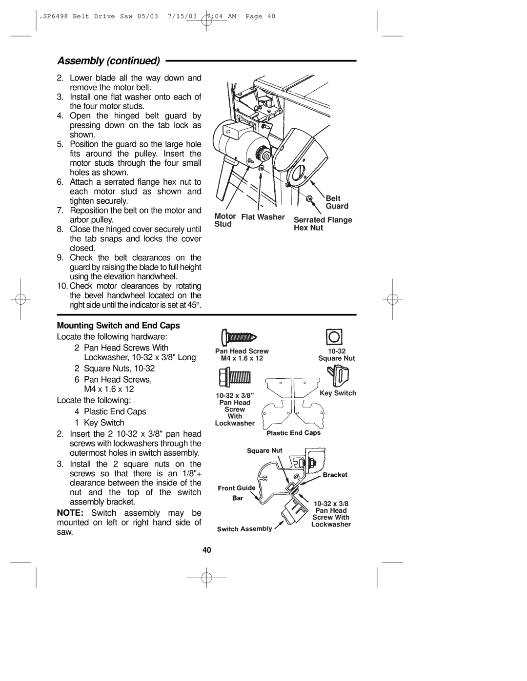 RIDGID TS3650 manual Mounting Switch and End Caps, 10-32 