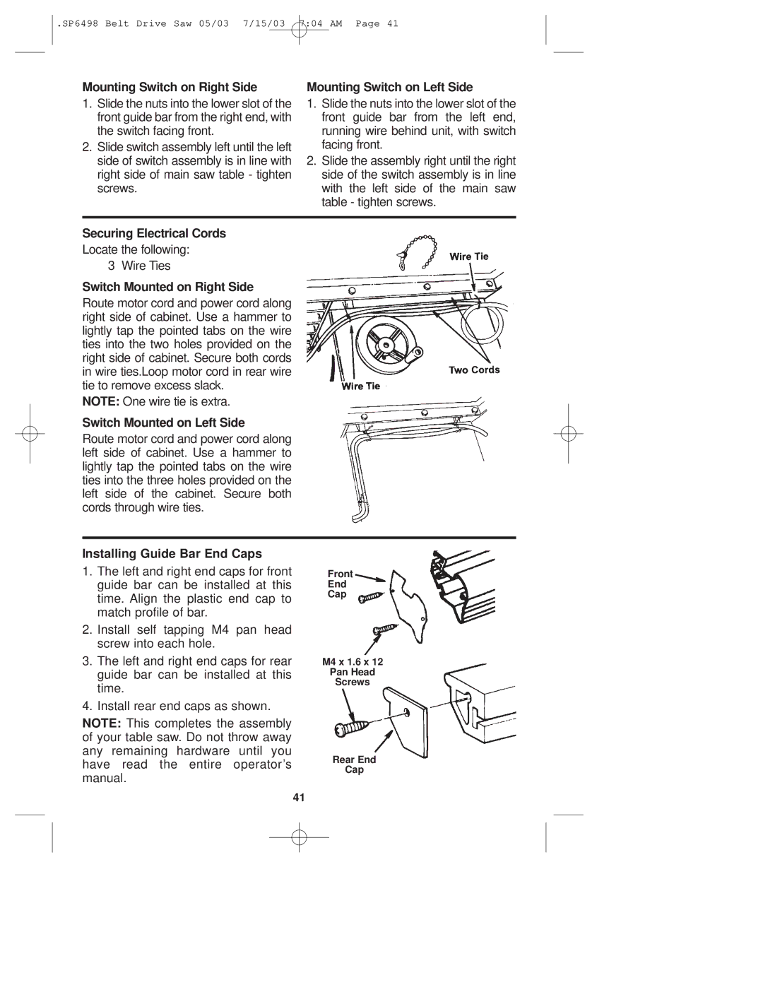 RIDGID TS3650 manual Mounting Switch on Right Side, Mounting Switch on Left Side, Securing Electrical Cords 