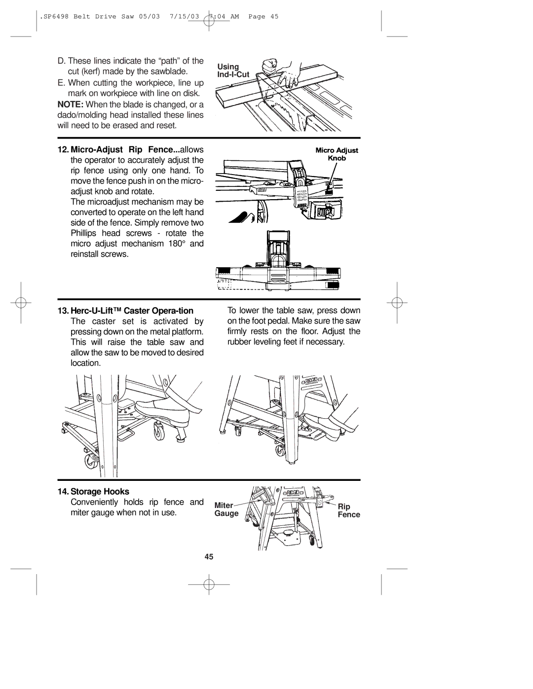 RIDGID TS3650 manual Storage Hooks Conveniently holds rip fence, Miter gauge when not in use 