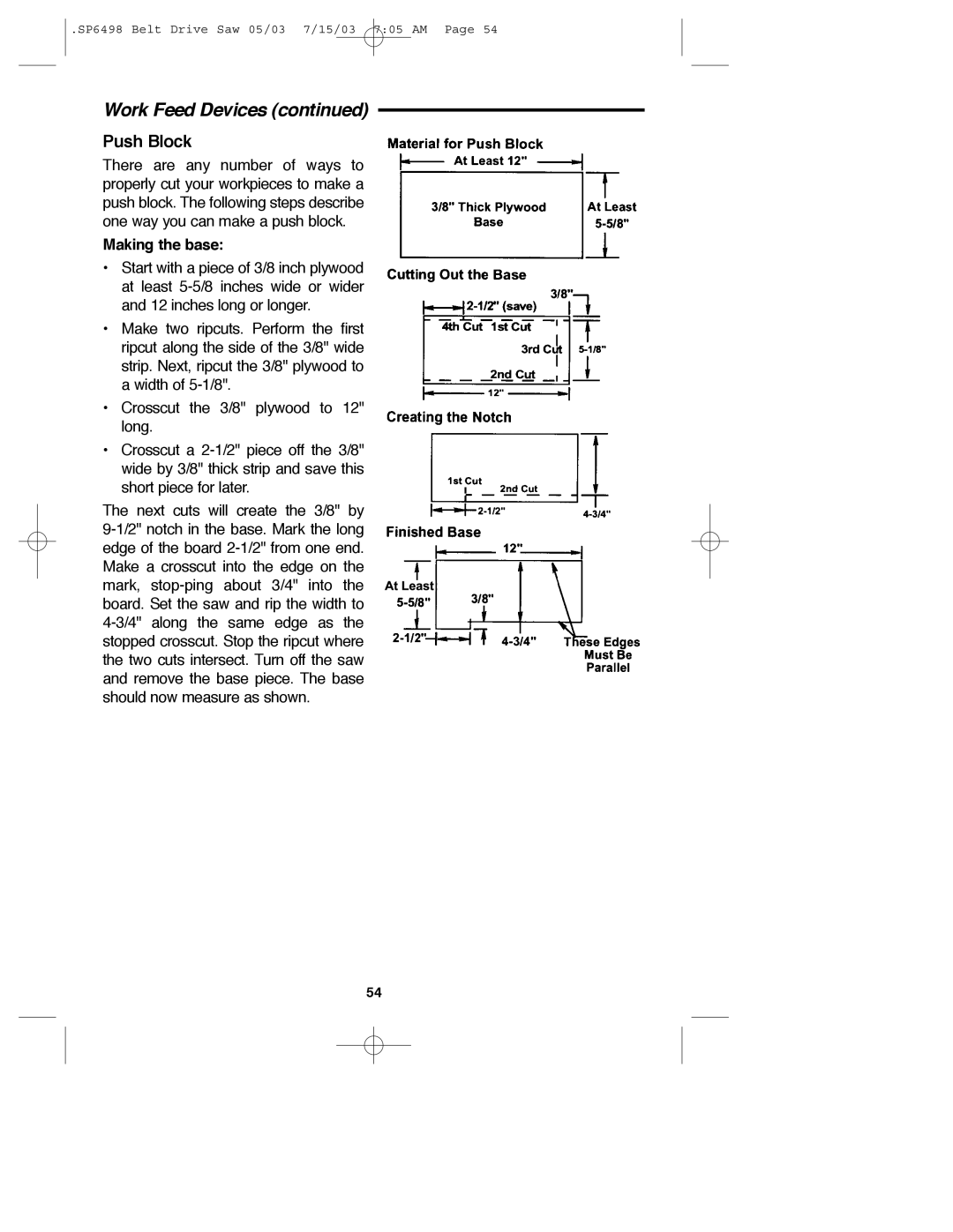 RIDGID TS3650 manual Push Block, Making the base 