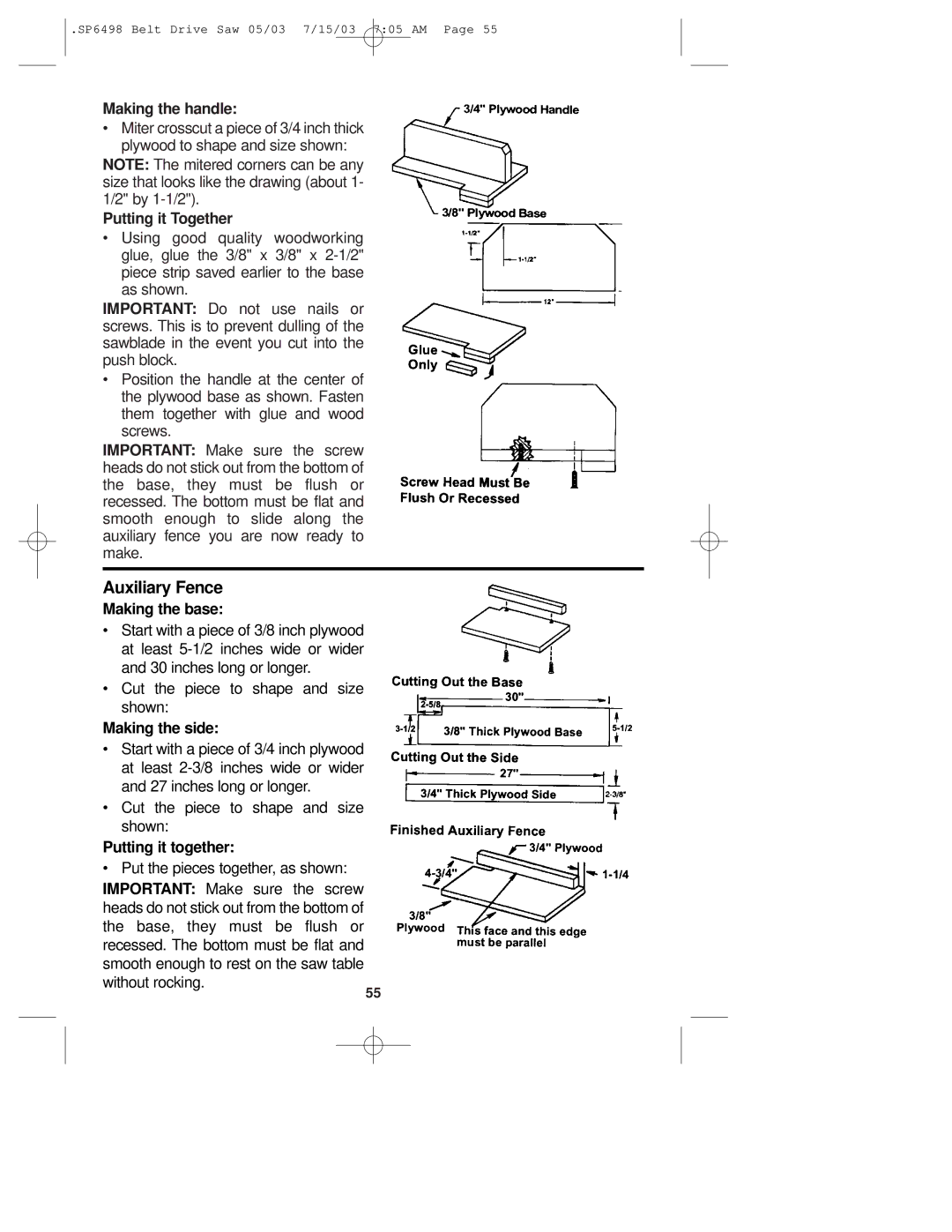 RIDGID TS3650 manual Auxiliary Fence, Making the handle, Putting it Together, Making the side 