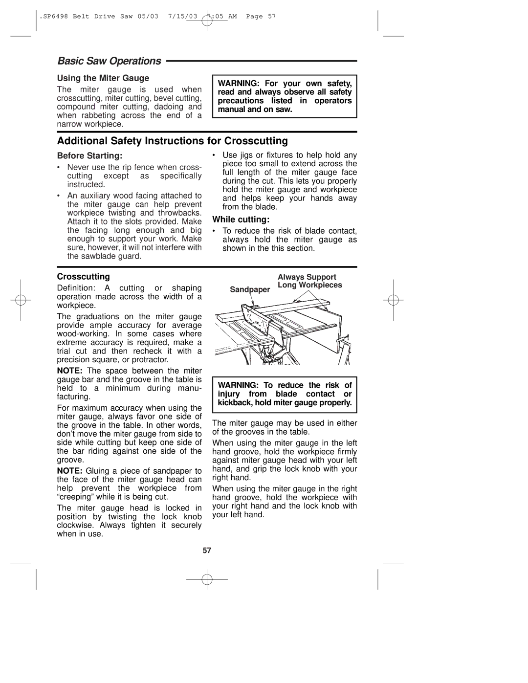 RIDGID TS3650 manual Basic Saw Operations, Additional Safety Instructions for Crosscutting, Using the Miter Gauge 