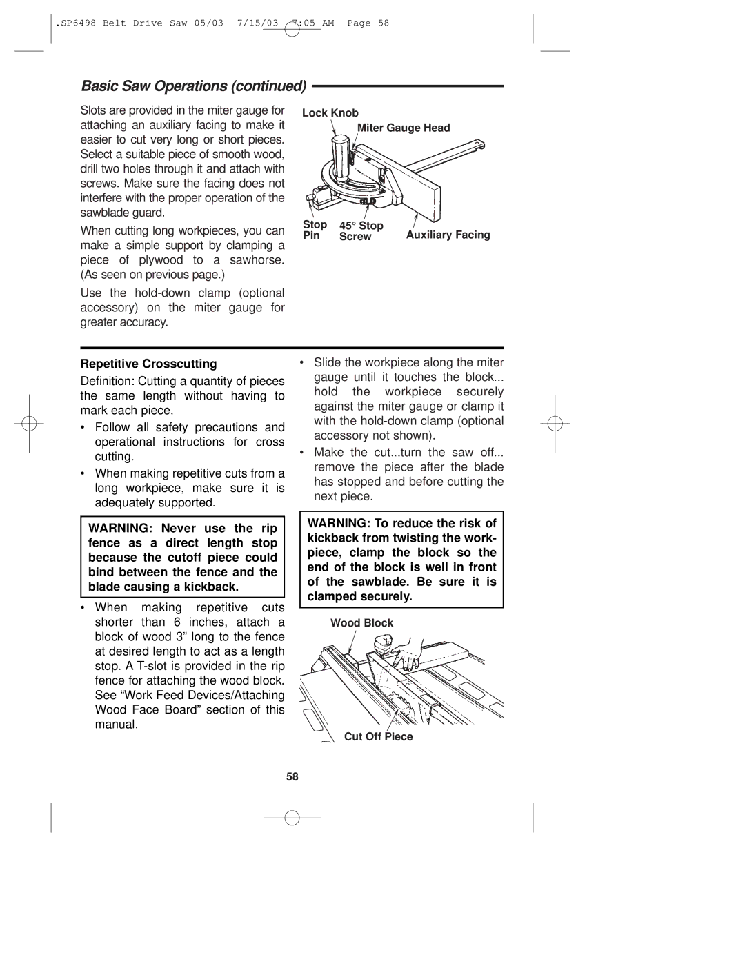 RIDGID TS3650 manual Repetitive Crosscutting 