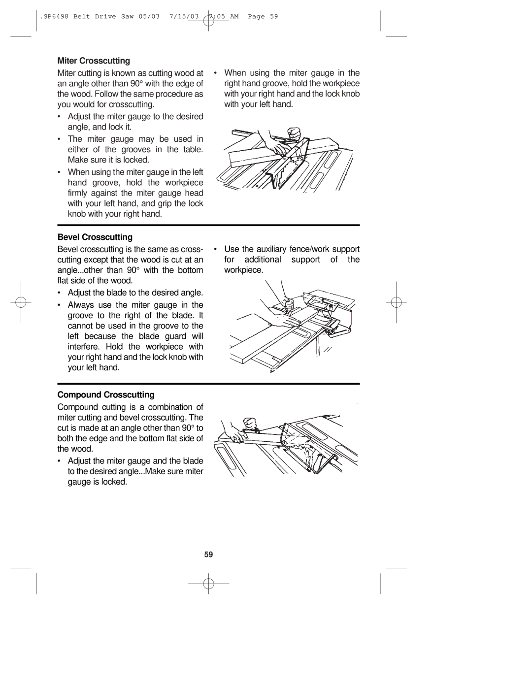 RIDGID TS3650 manual Miter Crosscutting, Bevel Crosscutting, Compound Crosscutting 